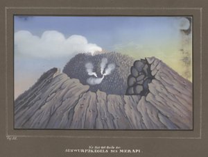 Éruption du mont Merapi, Pl.III, Topographischer und Naturwissenschaftlicher Atlas zur Reise durch Java, par Dr.Fr.Junghuhn, Magdebourg 1845