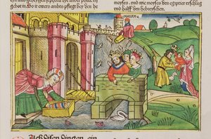 Exode 2 1-6 Moïse flottant sur le Nil et découvert par une des épouses de Pharaon, de la Bible de Nuremberg (Biblia Sacra Germanaica) - German School