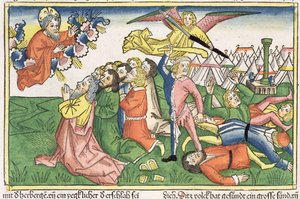 Exode 32:15-23 Moïse brisant les tables de pierre, de la Bible de Nuremberg (Biblia Sacra Germanaica)