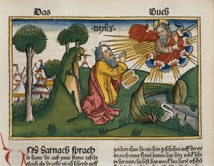 Exode 34:1-10 Moïse reçoit les secondes tables avec les Dix Commandements, de la Bible de Nuremberg (Biblia Sacra Germanaica) - German School