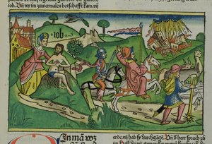 Fac-similé de Job : Frontispice, Job réprimandé par sa femme, sa maison et sa famille détruites par un ouragan et son bétail volé, de la Bible de Nuremberg (Biblia Sacra Germanaica) - German School