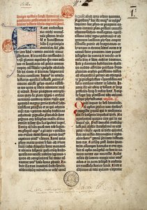 Première page de la Bible en latin (vulgate) de Gutenberg préparée à Mayence 1452 - 1454. Le début de l
