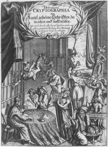 Frontispice, illustration de Cryptographia, oder geheime Schrifften par Johann Balthasar Friderici, gravé par Johan Friedlein publiée à Hambourg, 1685 - German School
