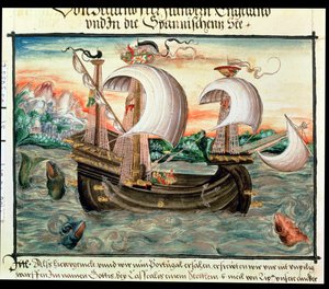 Galion en pleine voile en route vers le Portugal, illustré par la famille Coler (ou Keller) de Nuremberg - German School
