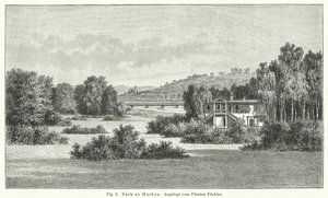 Conception de jardin : parc de Muskau, Allemagne, aménagé par le prince Hermann von Pueckler-Muskau (gravure) - German School