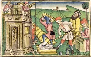 Genèse 11:1-9 Construction de la Tour de Babel, de la Bible de Nuremberg (Biblia Sacra Germanaica)