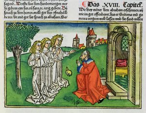 Genèse 18:2 Abraham et les Trois Anges, de la Bible de Nuremberg (Biblia Sacra Germanaica)