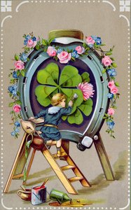 Carte postale allemande représentant des porte-bonheur, envoyée de Hongrie le 21 mai 1911 - German School