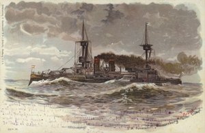 Cuirassé allemand SMS Weissenburg, fin du 19e ou début du 20e siècle (lithographie en couleur) - German School