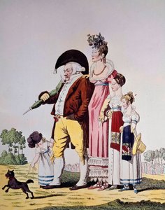 Bourgeois allemand en promenade dominicale. Caricature représentant une famille allemande en tenue du dimanche. Gravure du XIXe siècle. Berlin. Kunstbibliothek