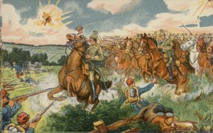 Cavalerie allemande sous le commandement du prince héritier Wilhelm attaquant les troupes françaises près de Longwy, France, Première Guerre mondiale.