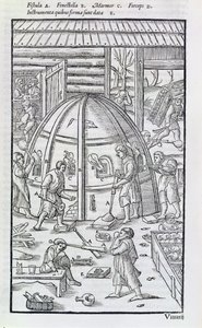 Travail du verre, illustration montrant le four à marbre et les souffleurs de verre