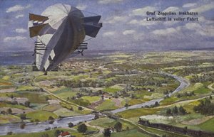 Le dirigeable de Graf Ferdinand von Zeppelin en vol - German School