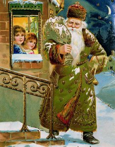 Père Noël à la robe verte, carte allemande, vers 1900 (impression)