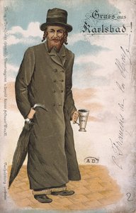 Greetings from Karlsbad", carte postale souvenir de la station thermale de Karlsbad représentant un Juif avec des vêtements et des cheveux traditionnels et tenant une tasse pour boire de l