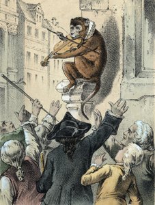 Illustration des contes de Franz Hoffmann "Contes et Fables - Le singe et le violon": un singe jouant du violon devant une foule. Chromolithographie du 19ème siècle. - German School