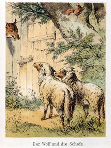 Illustration des contes de Franz Hoffmann « Contes et Fables - Le loup et les moutons » : un loup parlant avec les deux moutons. Chromolithographie du XIXe siècle. - German School
