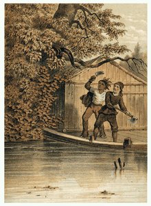 Illustration de la conquête du fleuve Amazone par les Européens. dans « De Bootslieden der Amazon-River », Karl Muller, Pays-Bas
