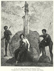 Io, gardée par Argus Panoptes sur ordre de la déesse Héra, observée par Hermès, envoyé par Zeus pour l