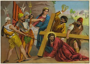 Jésus tombant sous le poids de sa croix sur le chemin de sa crucifixion (litho couleur)