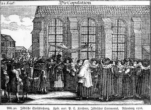Procession de mariage juif par Georg Puschner tirée du Jüdisches Ceremoniel de Kirchner, 1726