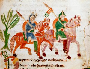 Chevaliers avec chevaux. Miniature tirée du manuscrit « De Universo » ou « De rerum naturis » (De la nature des choses) par Rabanus Maurus Magnentius (ca. 780-856). IXe siècle. Archives de l
