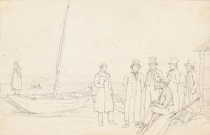 Scène au bord du lac avec sept personnages - German School