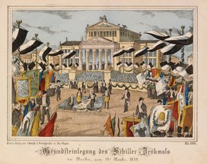Pose de la première pierre du monument Schiller au Gendarmenmarkt, Berlin, 10 novembre 1859, avec le Schauspielhaus en arrière-plan, de Neuruppiner Bilderbogen, publié par Oehmigle & Ri - German School