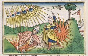 Lévitique 10:1-2 Nadab et Abihu offrent un feu profane et meurent, de la Bible de Nuremberg (Biblia Sacra Germanaica)