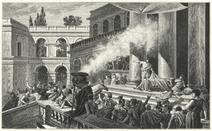 Marc Antoine provoque une émeute avec son oraison funèbre lors des funérailles de Jules César, 44 av. J.-C. (gravure) - German School