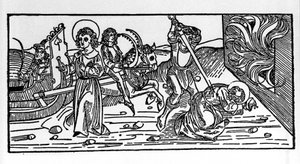 Martyr de Saint Polycarpe de Smyrne (ca. 69-155), évêque. Gravure du "Leben der Heiligen - Sommerteil (livre des saints)" par Jacobus (Jacques) de Voragine (1228-1298)