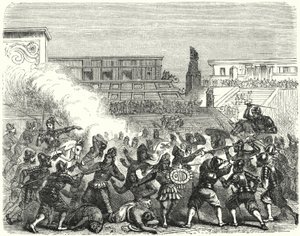 Massacre des guerriers et nobles aztèques à Cholula par les conquistadors espagnols de Hernan Cortes - German School