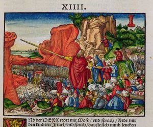 Moïse traversant la Mer Rouge, de la Bible de Luther, vers 1530 (gravure sur bois colorée)