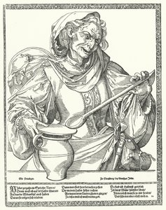 Vieille femme avec une cruche et une cuillère - German School