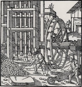 Roue à aubes, extrait de "De Re Metallica" de Georgius Agricola