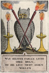 Chouette avec des lunettes, symbole de la sagesse. Gravure de l