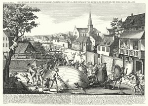 Paysans attaquant le ballon de Jacques Charles et des frères Robert après son atterrissage à Gonesse, le 27 août 1783 (gravure)
