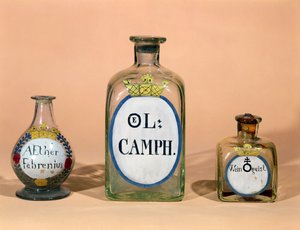 Pots pharmaceutiques pour Camphre et Esprit de vin (verre) - German School