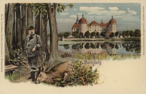 Carte postale représentant un homme avec un cerf abattu avec le château de Moritzburg en arrière-plan - German School