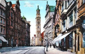Carte postale représentant la Karolinenstrasse à Augsbourg, c.1910 (photo en couleur)
