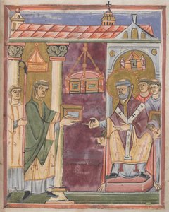 Prêtre présentant un livre [à Saint Augustin ?]