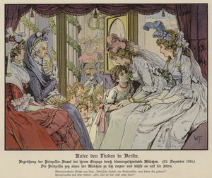 La princesse Louise de Mecklembourg-Strelitz embrassant une des filles alignées sur Unter Den Linden pour saluer son arrivée à Berlin pour son mariage avec le prince héritier Frédéric III de Prusse, 22 décembre 1793