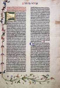 Folio de prologue avec lettre dorée et verte "F", et bordure de feuilles, fleurs, vignes et oiseau, 1455 - German School