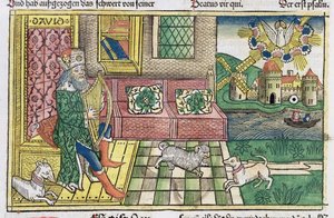 Psaumes : frontispice montrant le roi David jouant de la lyre, de la Bible de Nuremberg (Biblia Sacra Germanaica) - German School