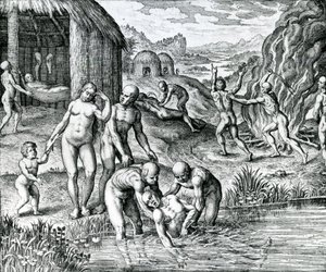 Quibus remediis contra morbos utantur Indiani, illustration tirée de "Pars Decima Americae" publié par Hieronymous Galler