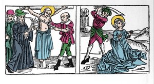 Représentation du martyre de Sainte Séraphie (Sérapia) (Séraphie de Syrie), chrétienne du 2ème siècle. Gravure de « Leben der Heiligen - sommerteil » (Le livre des saints) par Jacobus (Jacques) de Voragine (1228-1298). Lübeck 1488.