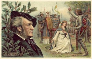 Richard Wagner et une scène de son opéra Lohengrin - German School