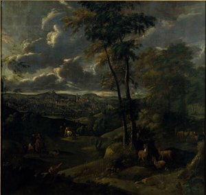 Cavalier dans un paysage avec une ville - German School