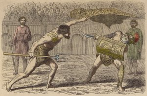 Gladiateurs romains : un rétiaire combattant un Samnite (gravure en couleur)