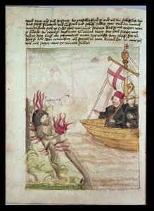 Saint Brendan dans son navire, de la traduction allemande de Navigatio Sancti Brendani Abbatis, c.1476
